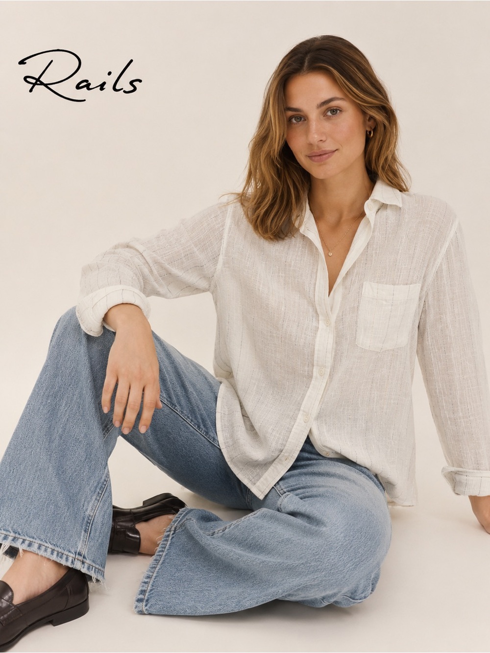 Rails Cream Metallic Stripe Linen Blend Button Down Shirt